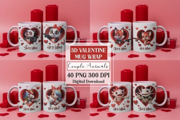Preview of 3D Valentine Couple Animal Mug Wrap PNG Bundle Valentine sublimation design