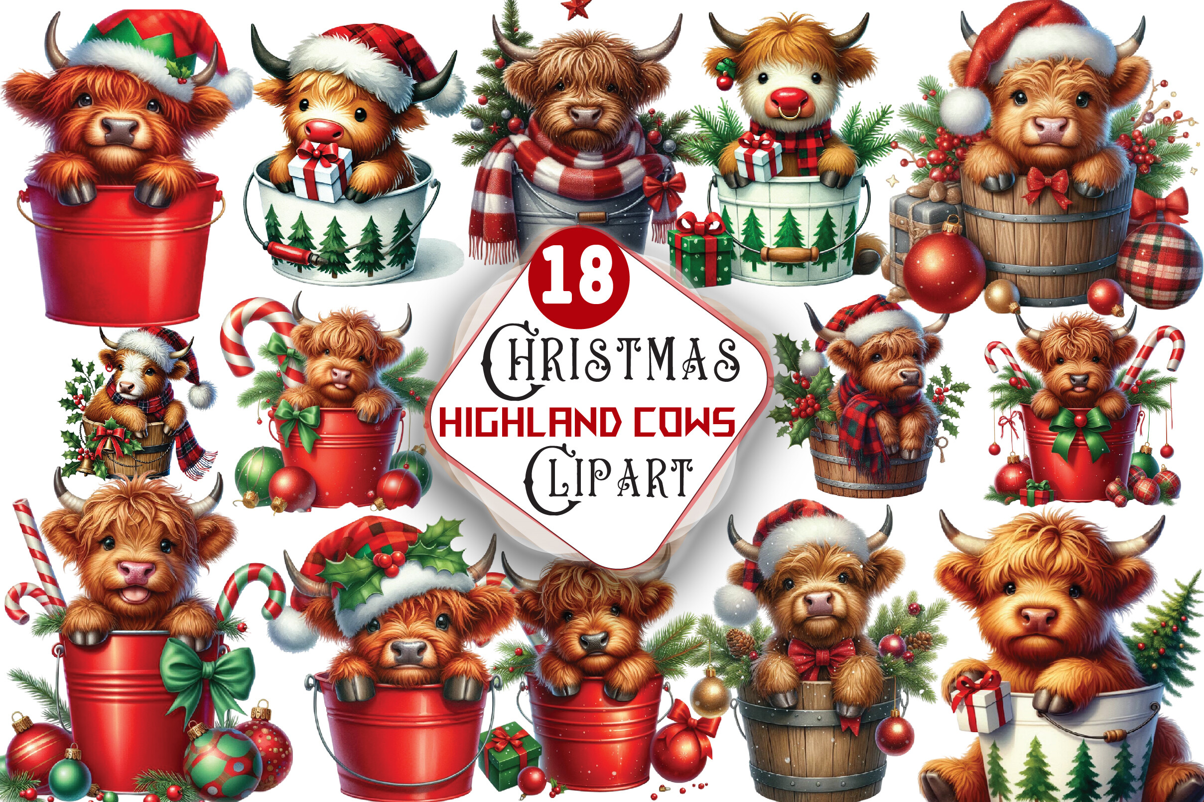 Christmas Highland Cows in Bucket Graphic by watercolor Design ...