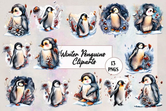 Cute Winter Penguins Clipart Sublimation Gráfico Ilustrações para Impressão Por EdeniaArtStudio