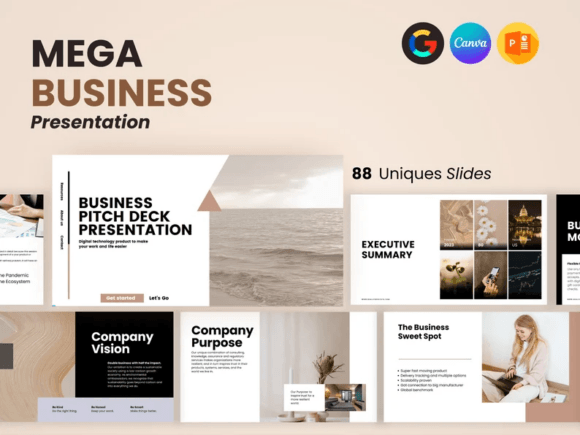 Canva PowerPoint presentation template with business infographic layouts