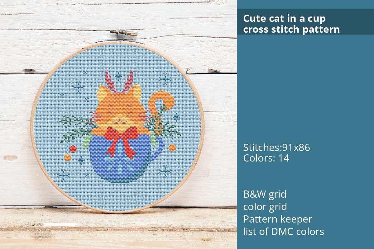 Cute Cat in a Cup Cross Stitch Pattern
