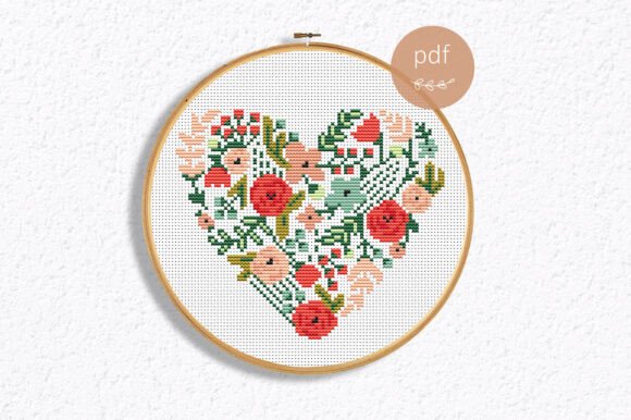 Floral Heart Cross Stitch Pattern PDF