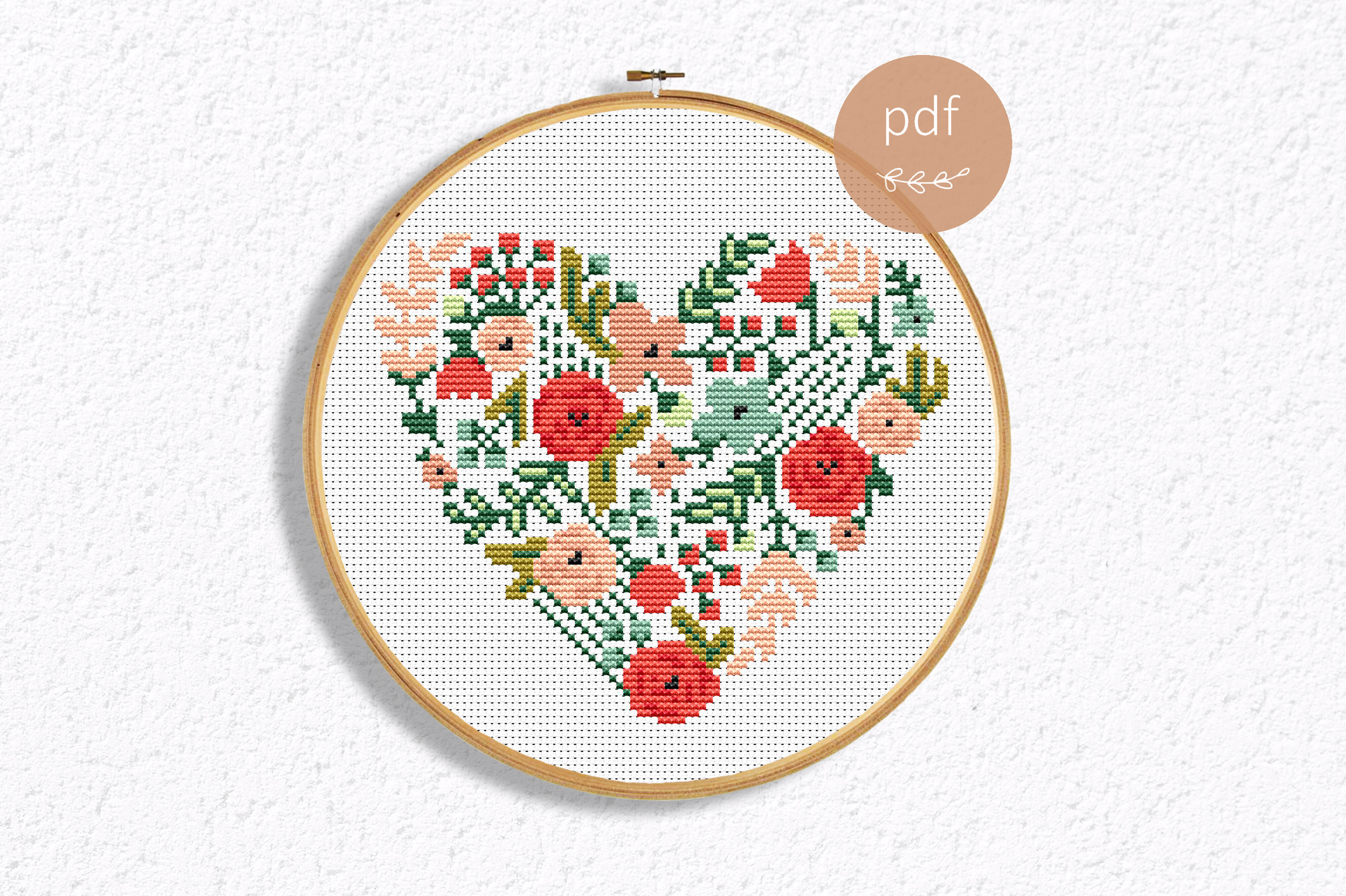 Floral Heart Cross Stitch Pattern PDF