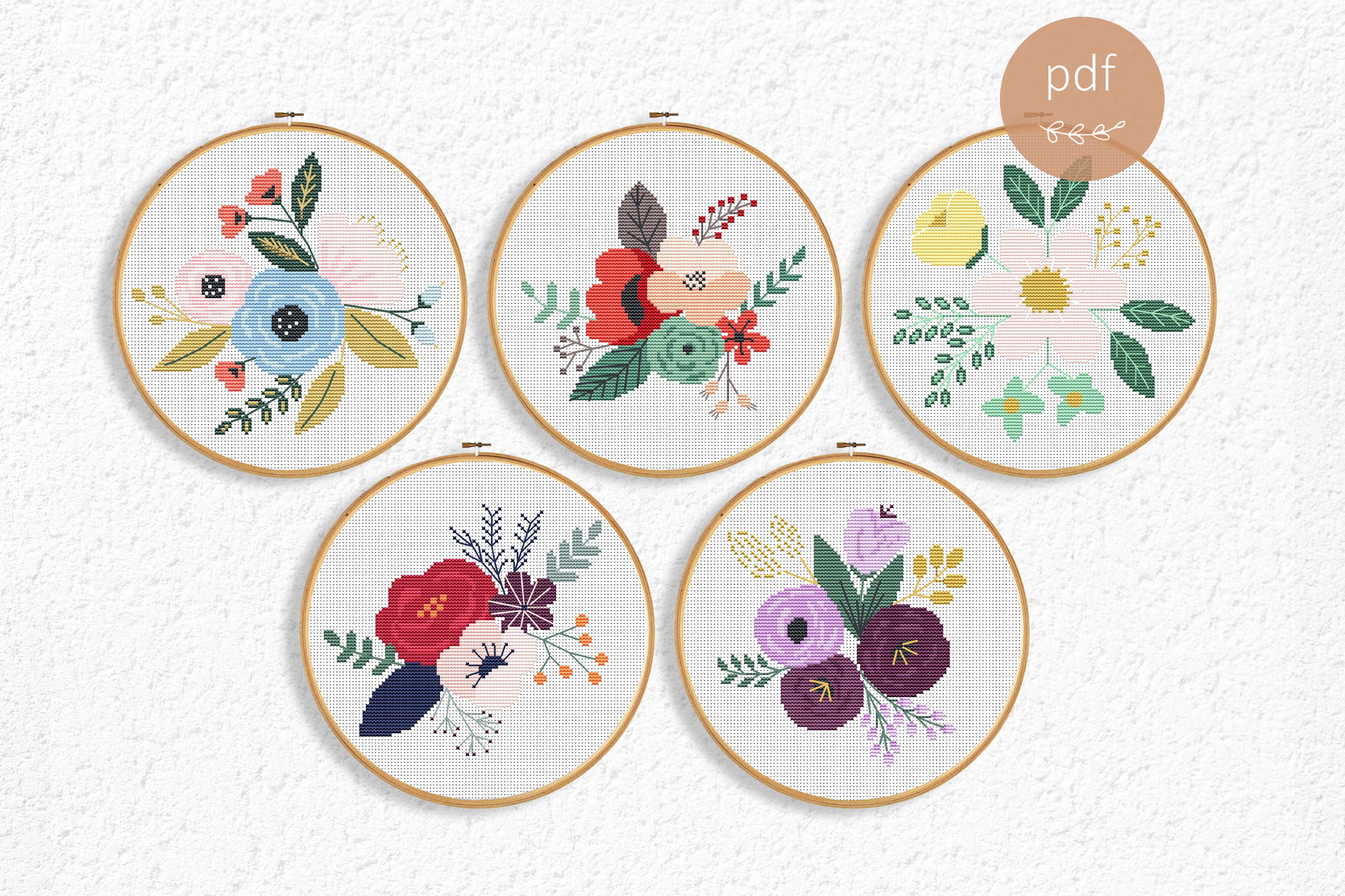 5 Floral Cross Stitch Patterns - Modern
