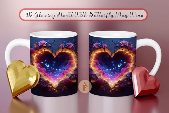 3d Glowing Heart With Butterfly Mug Wrap Graphics