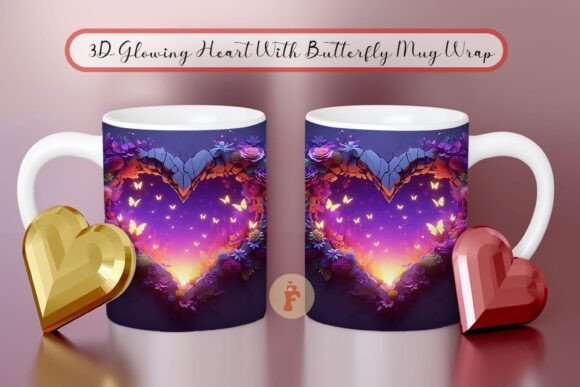 3d Glowing Heart With Butterfly Mug Wrap Graphics