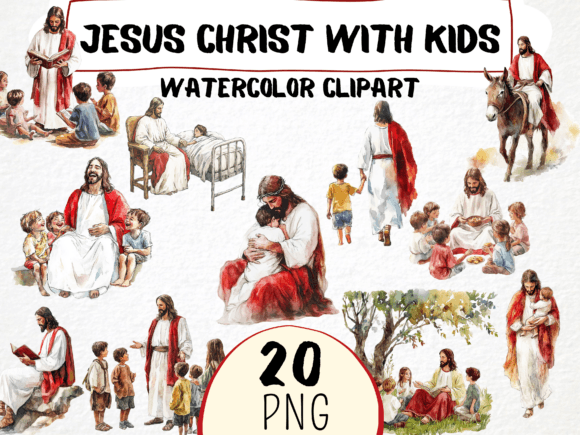 Jesus with Kids Clipart Watercolor Png