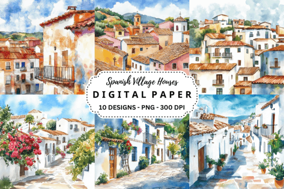 Spanish Village Houses Background Graphic by pcudesigns · Creative Fabrica