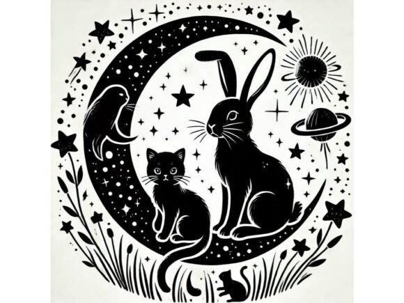A Bunny and a Cat Sitting on a Crescent