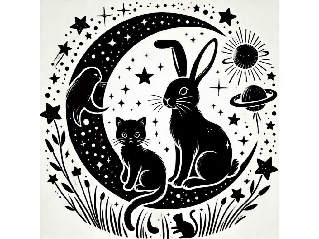 A Bunny and a Cat Sitting on a Crescent