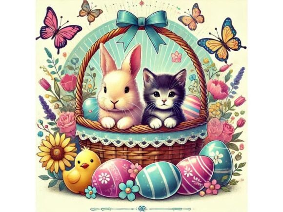 A Bunny and a Kitten Sitting in a Basket