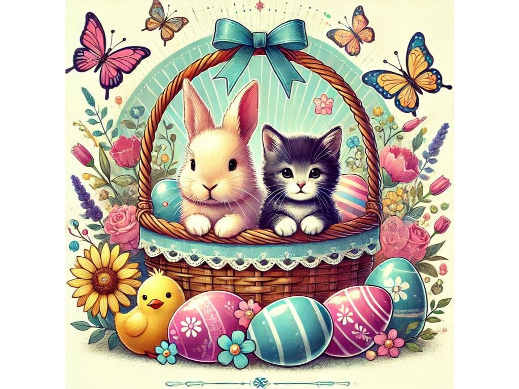 A Bunny and a Kitten Sitting in a Basket
