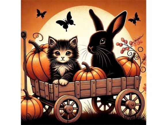 A Bunny and a Kitten Sitting in a Wagon