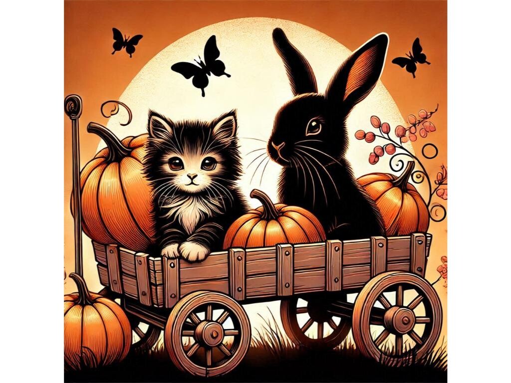 A Bunny and a Kitten Sitting in a Wagon