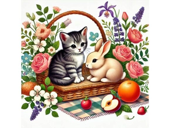 A Kitten and a Bunny Sitting on a Picnic