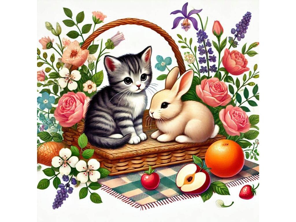 A Kitten and a Bunny Sitting on a Picnic