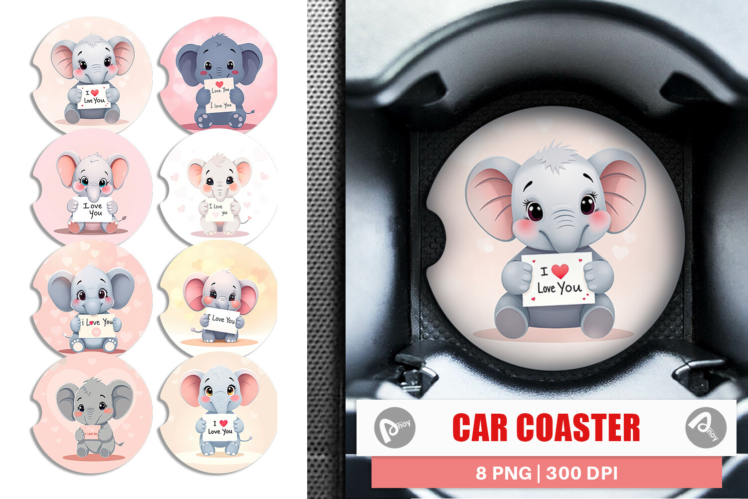 Car Coaster Valentine Elephant Cartoon Graphic by Artnoy · Creative Fabrica