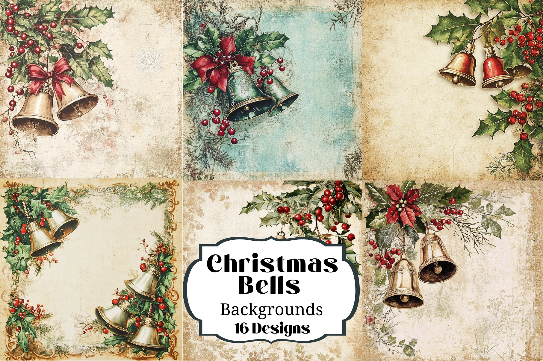 16 Christmas Bells Holly Backgrounds Graphic by Laura Beth Love ...