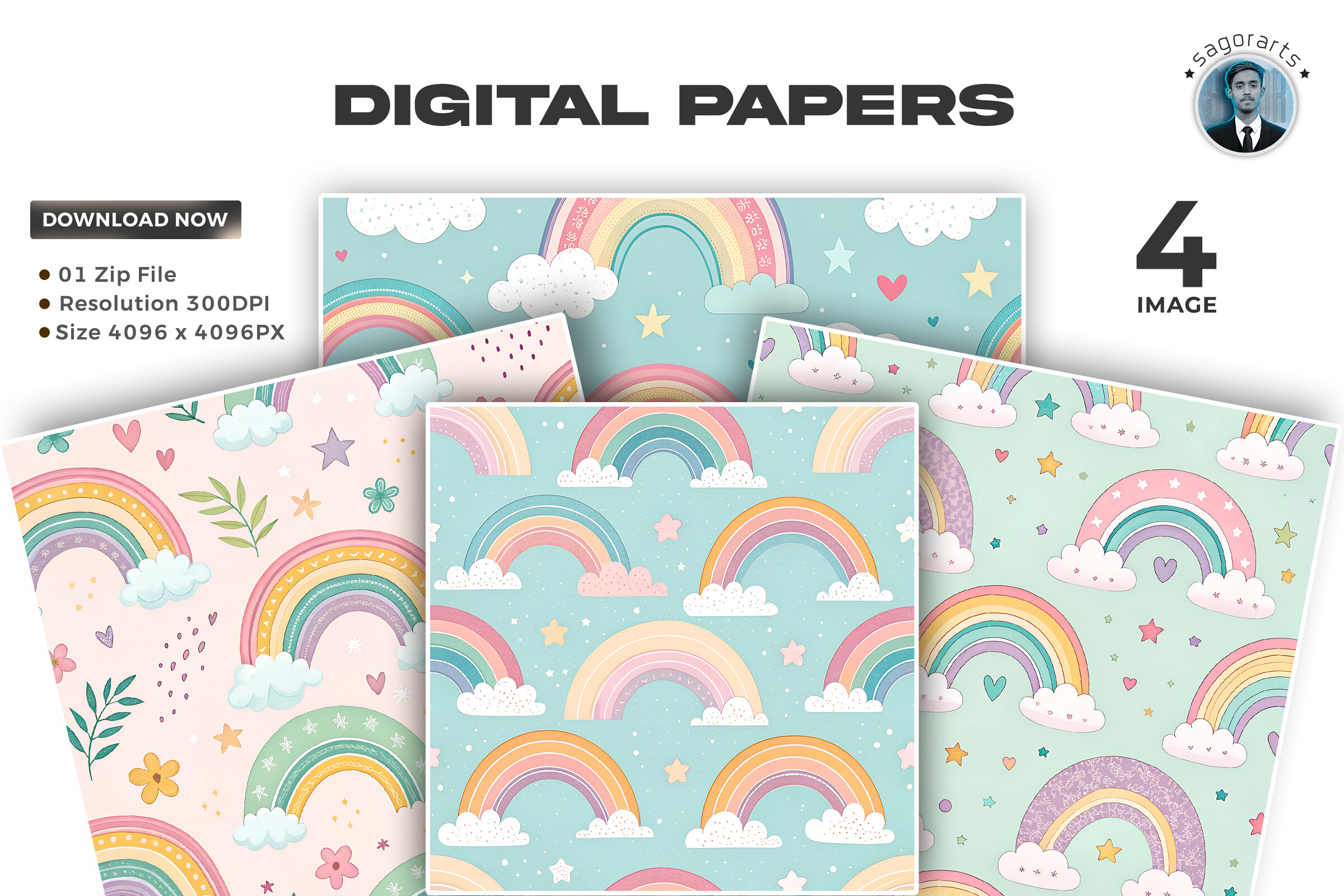 Pastel Stars & Rainbow Digital Papers Graphic by sagorarts · Creative ...