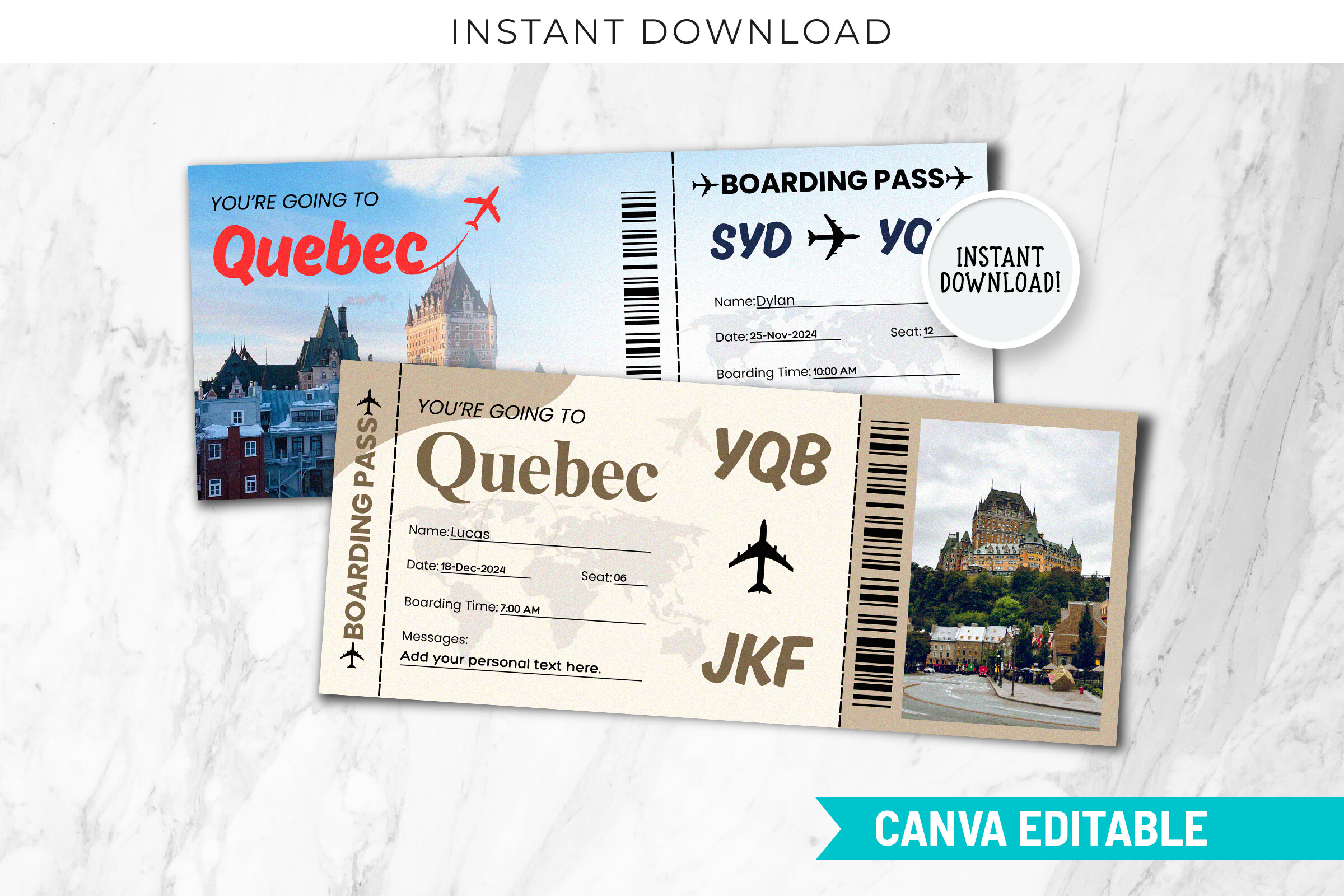 Quebec Boarding Pass Canva Templates