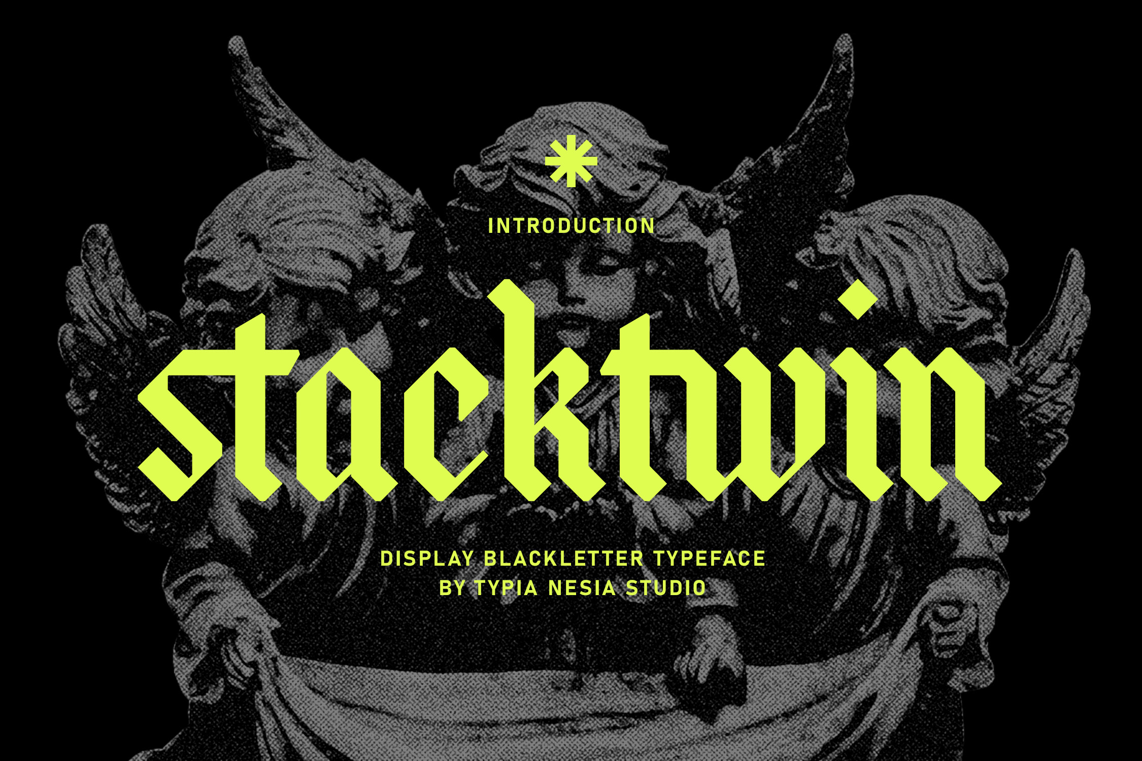 Stackwin font preview, stacked bold gothic display typeface