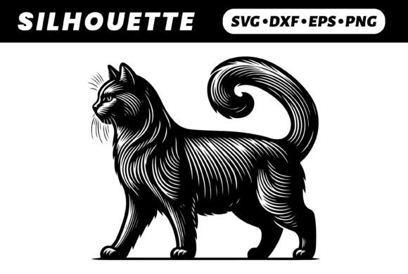 Elegant Black Cat, Woodcut Style EPS SVG