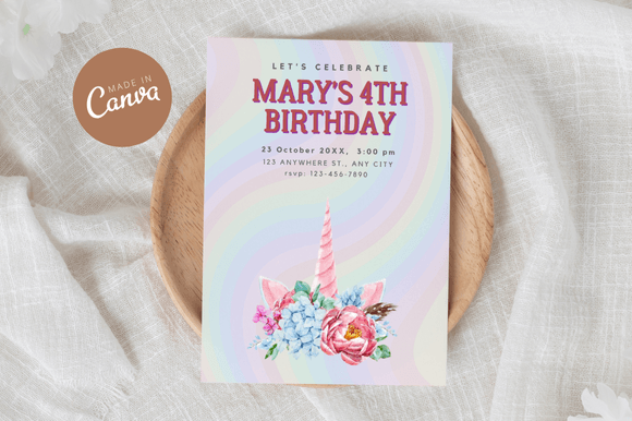 Unicorn Birthday Invitation Canva