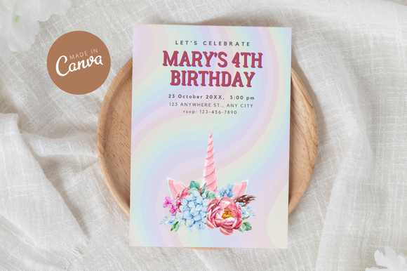 Unicorn Birthday Invitation Canva