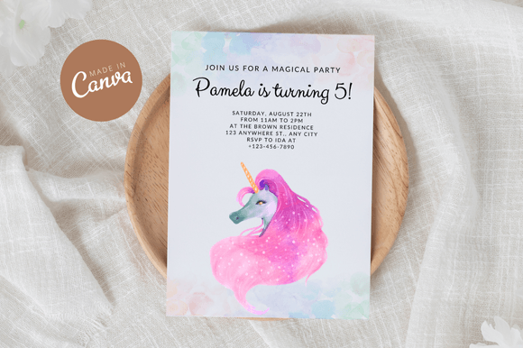 Unicorn Birthday Invitation Canva
