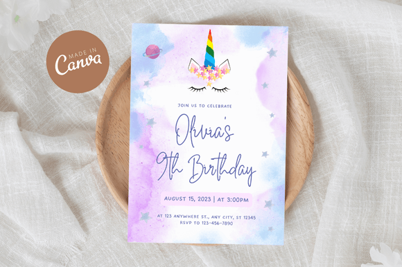 Unicorn Birthday Invitation Canva