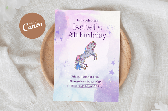 Unicorn Birthday Invitation Canva
