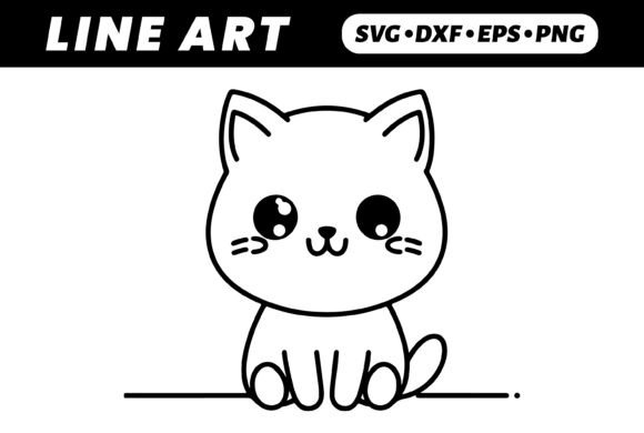 Adorable Kawaii Cat Cartoon Line Art