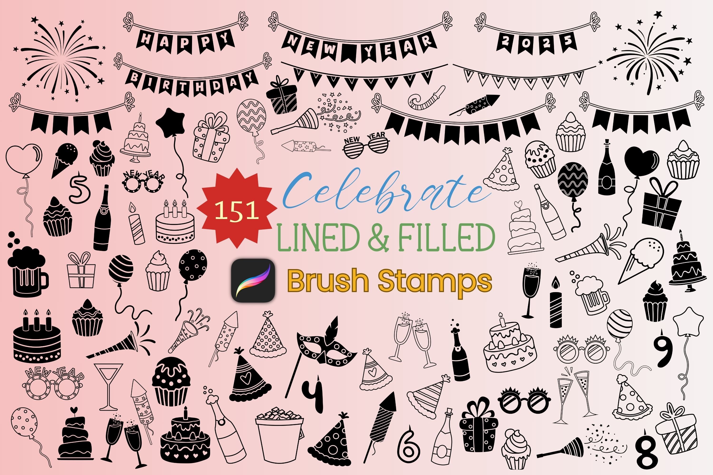 151 Celebrate Procreate Brush Stamps Graphic by Adalin Digital ...