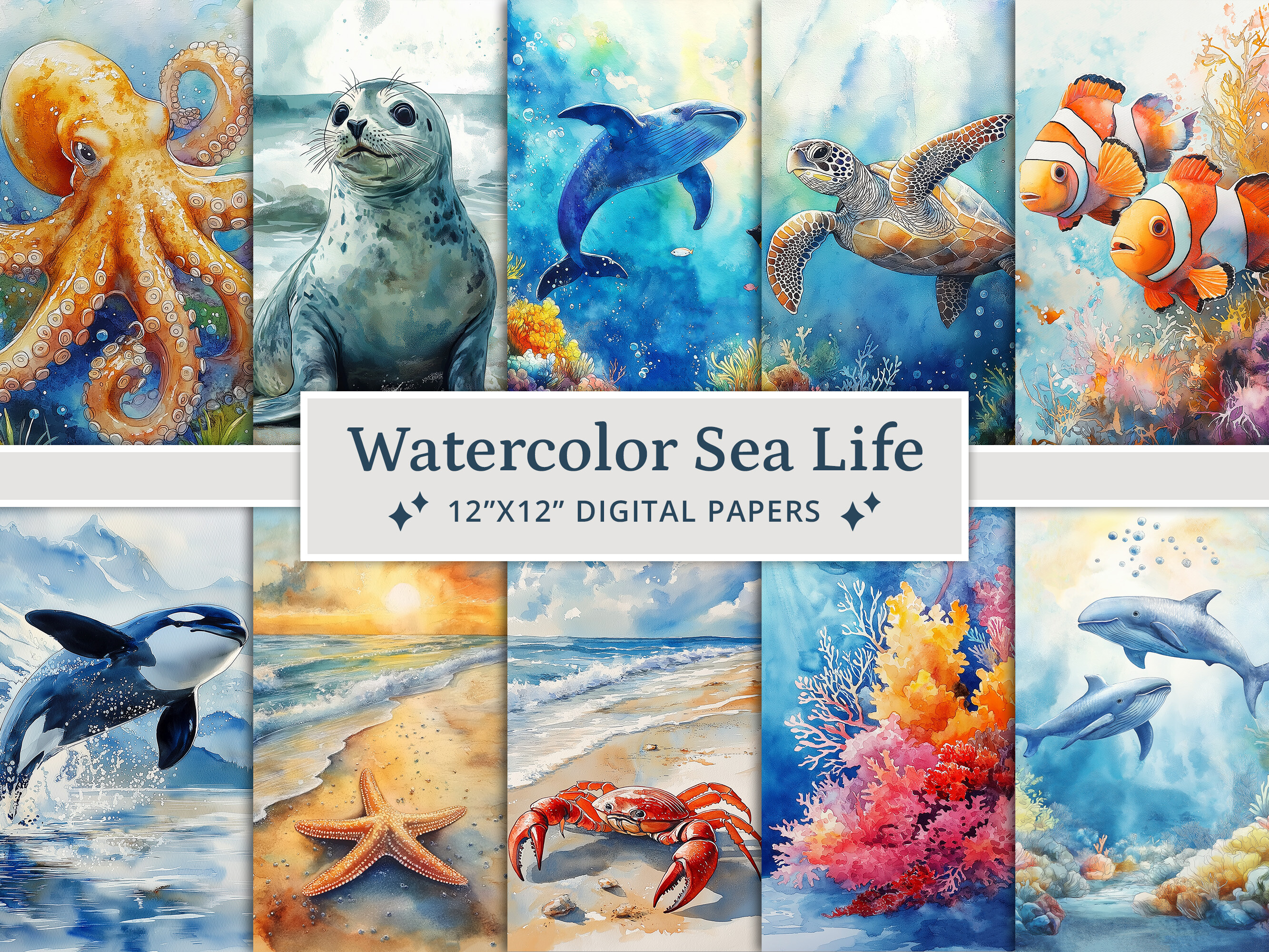 Watercolor Sea Life Digital Papers