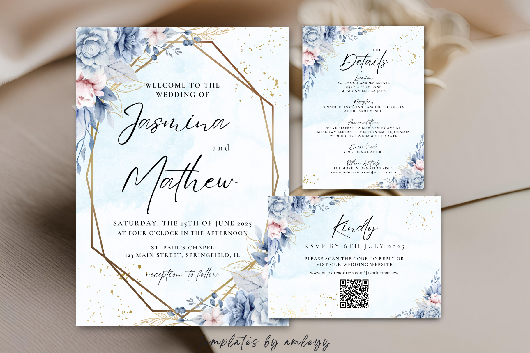 Elegant Blue Floral Wedding Invitation