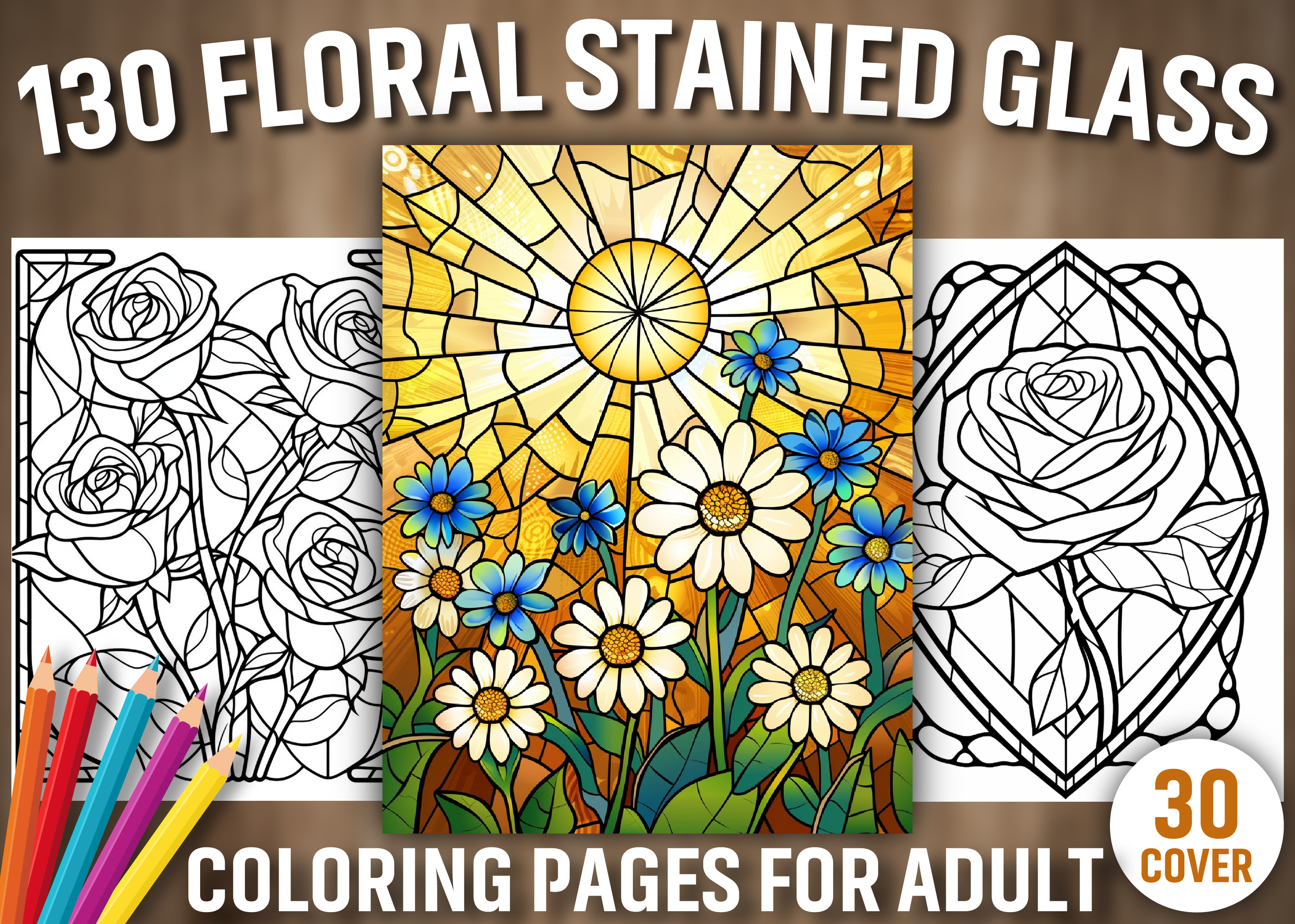 130 Floral Stained Glass Coloring Page