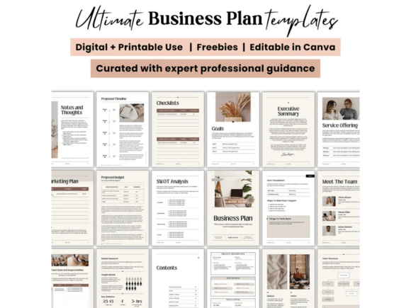 Editable Canva business plan planner with branding and pricing resources