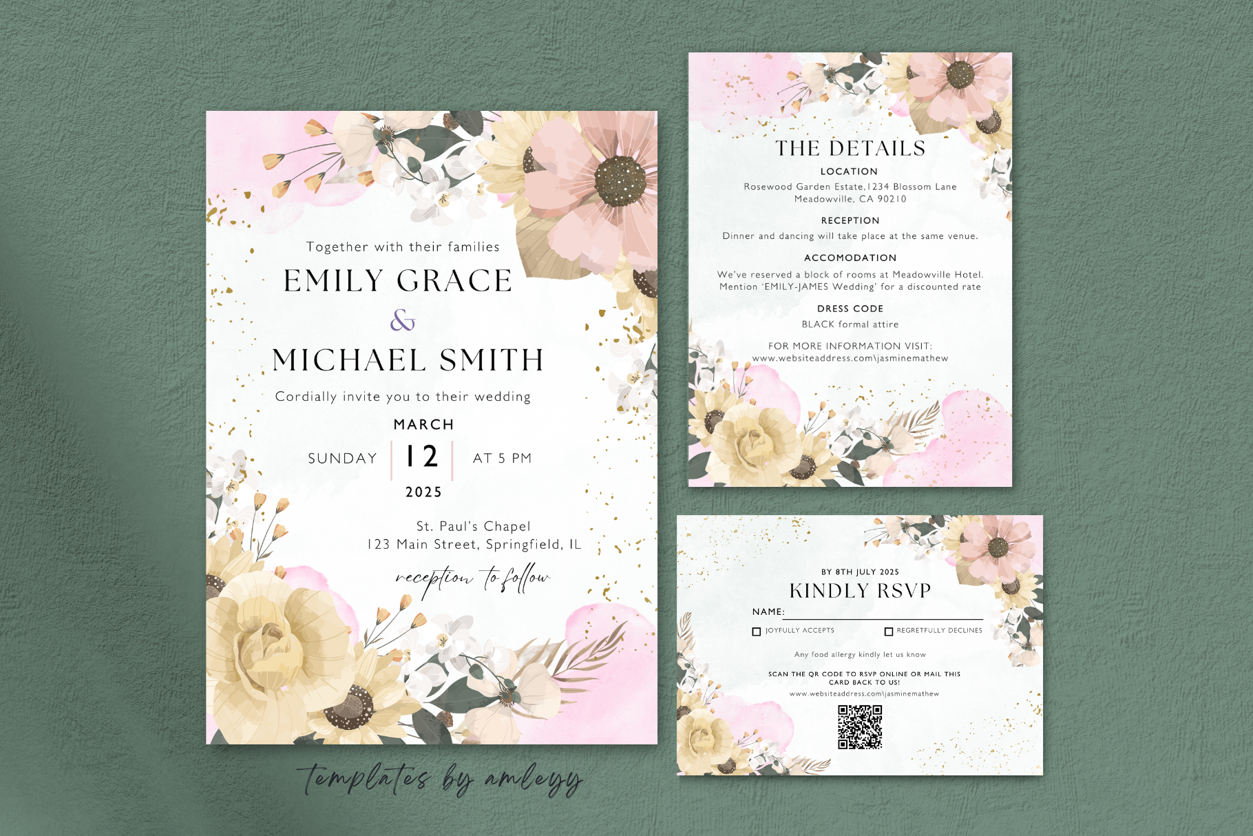Elegant Floral Wedding Invitation Suite