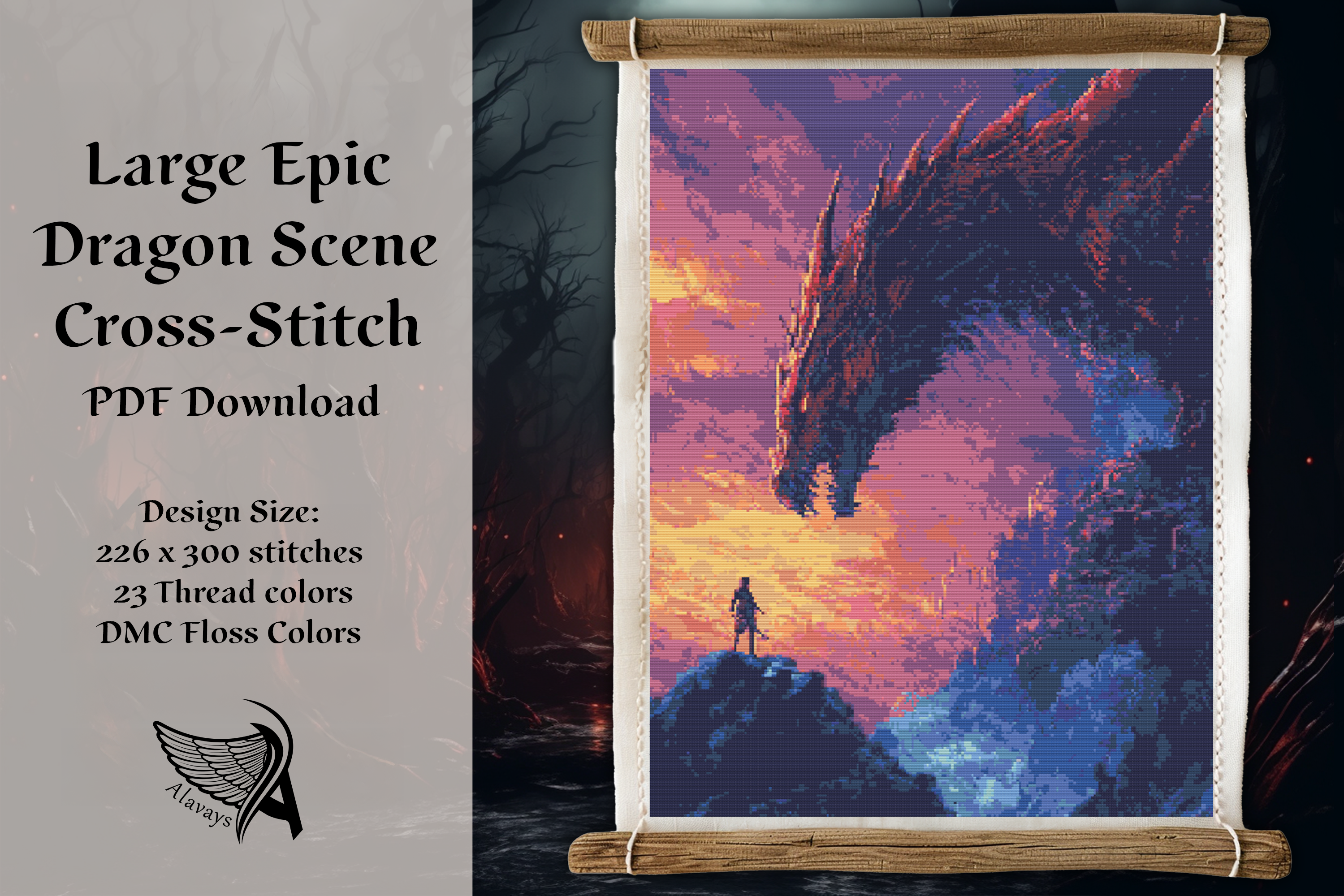 Large Epic Dragon Fantasy Cross Stitch