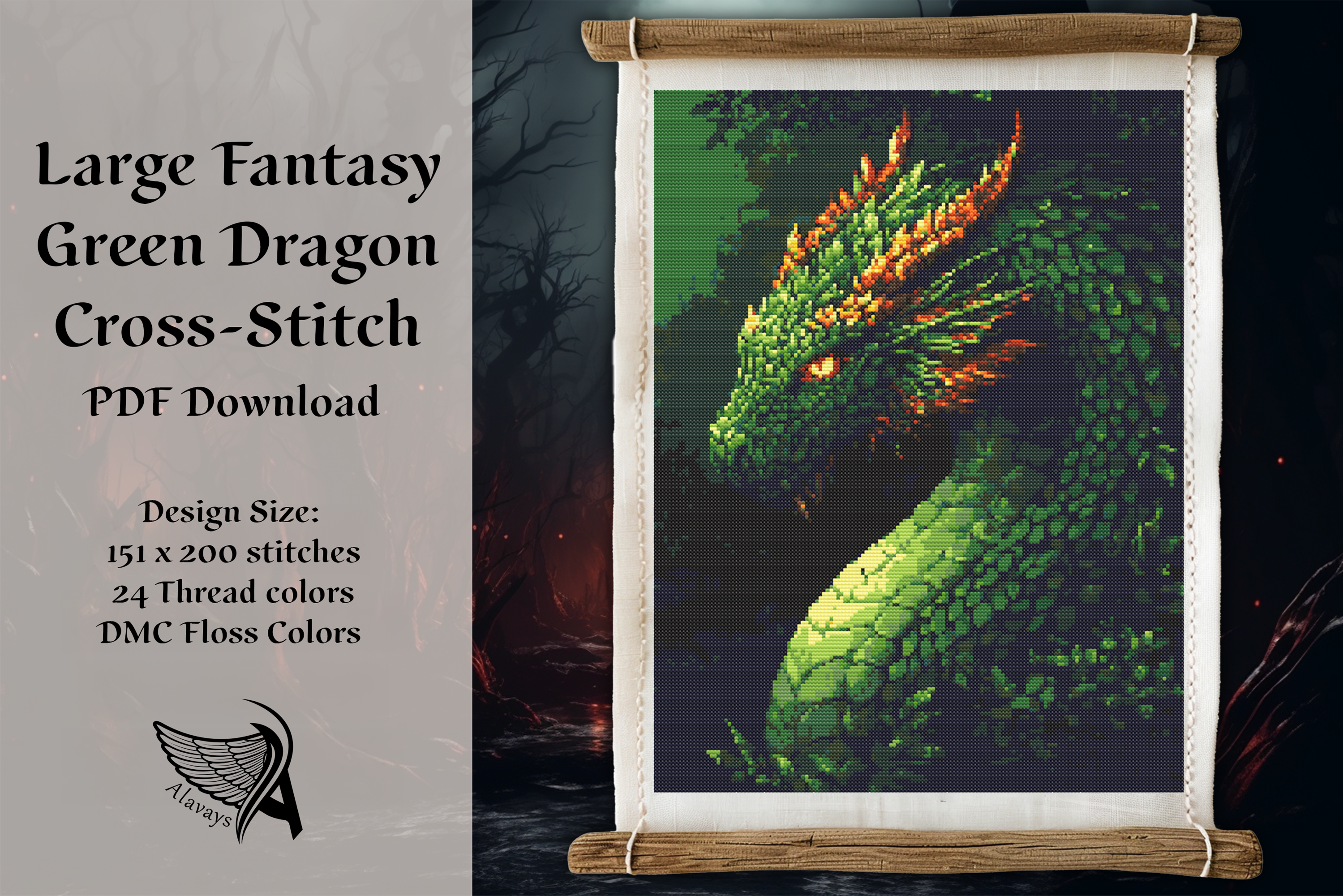 Large Green Dragon Cross Stitch