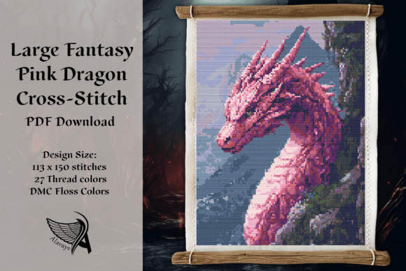 Large Pink Dragon Fantasy Cross Stitch