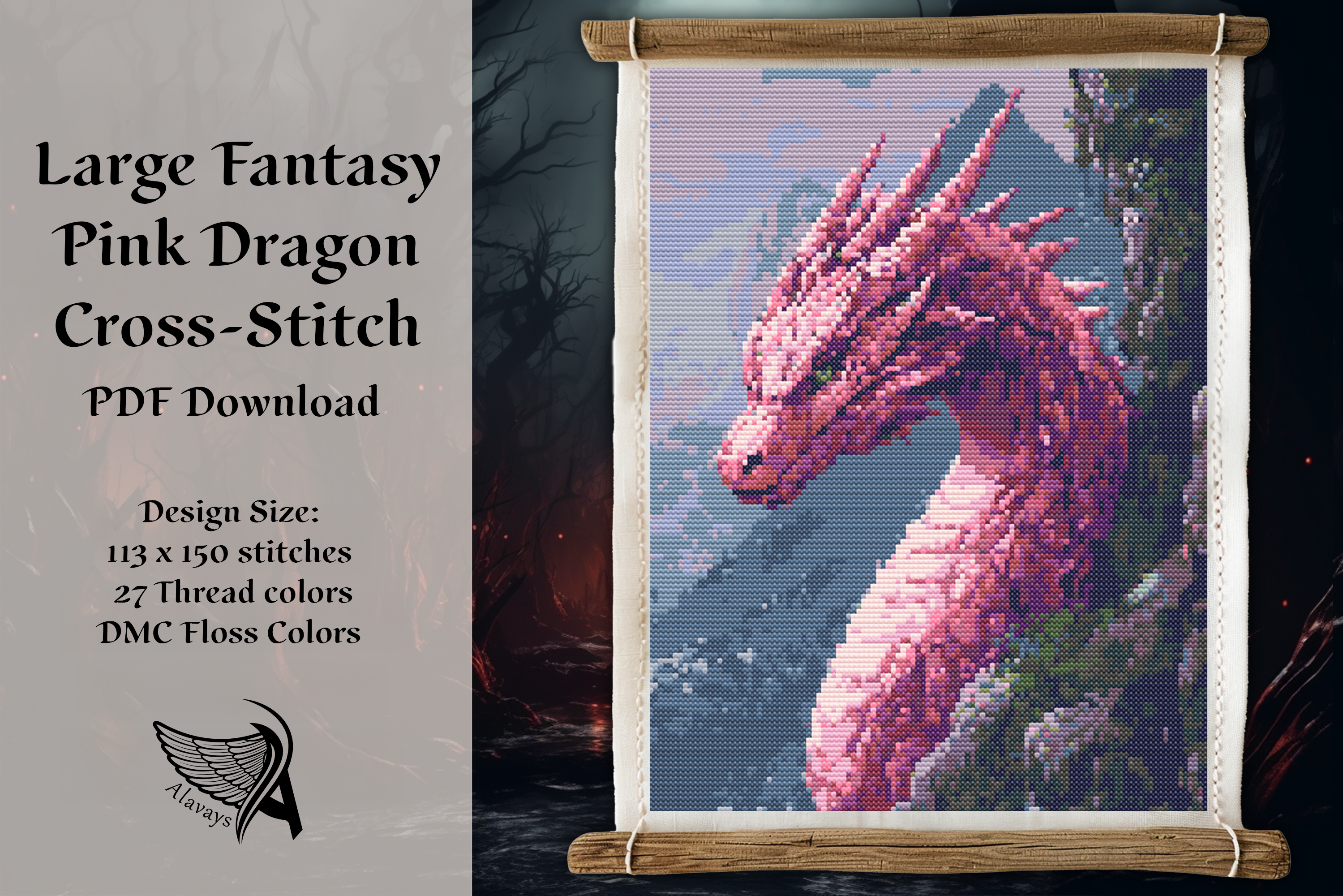 Large Pink Dragon Fantasy Cross Stitch
