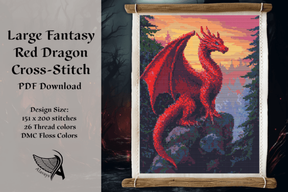 Large Red Dragon Fantasy Cross Stitch