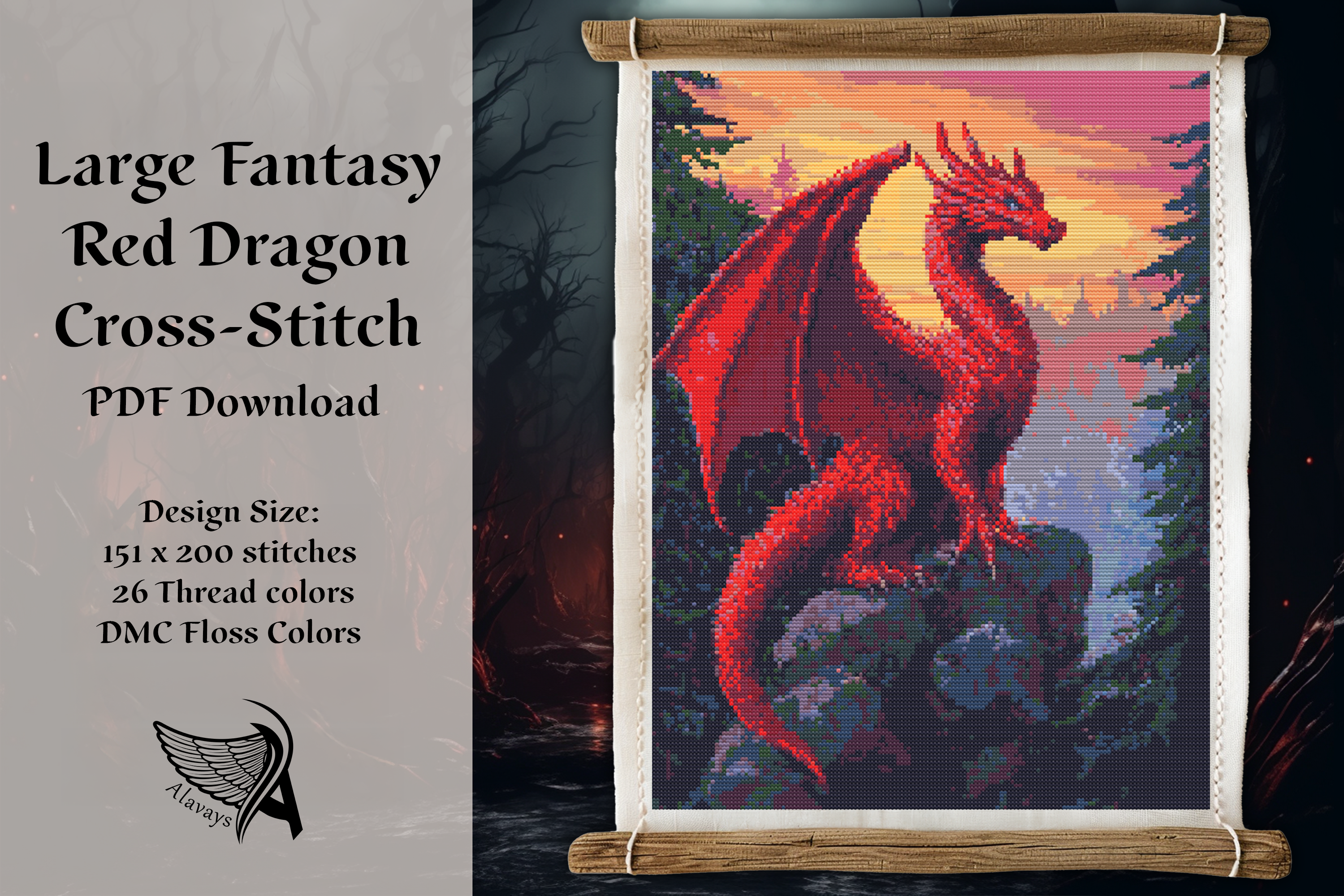 Large Red Dragon Fantasy Cross Stitch
