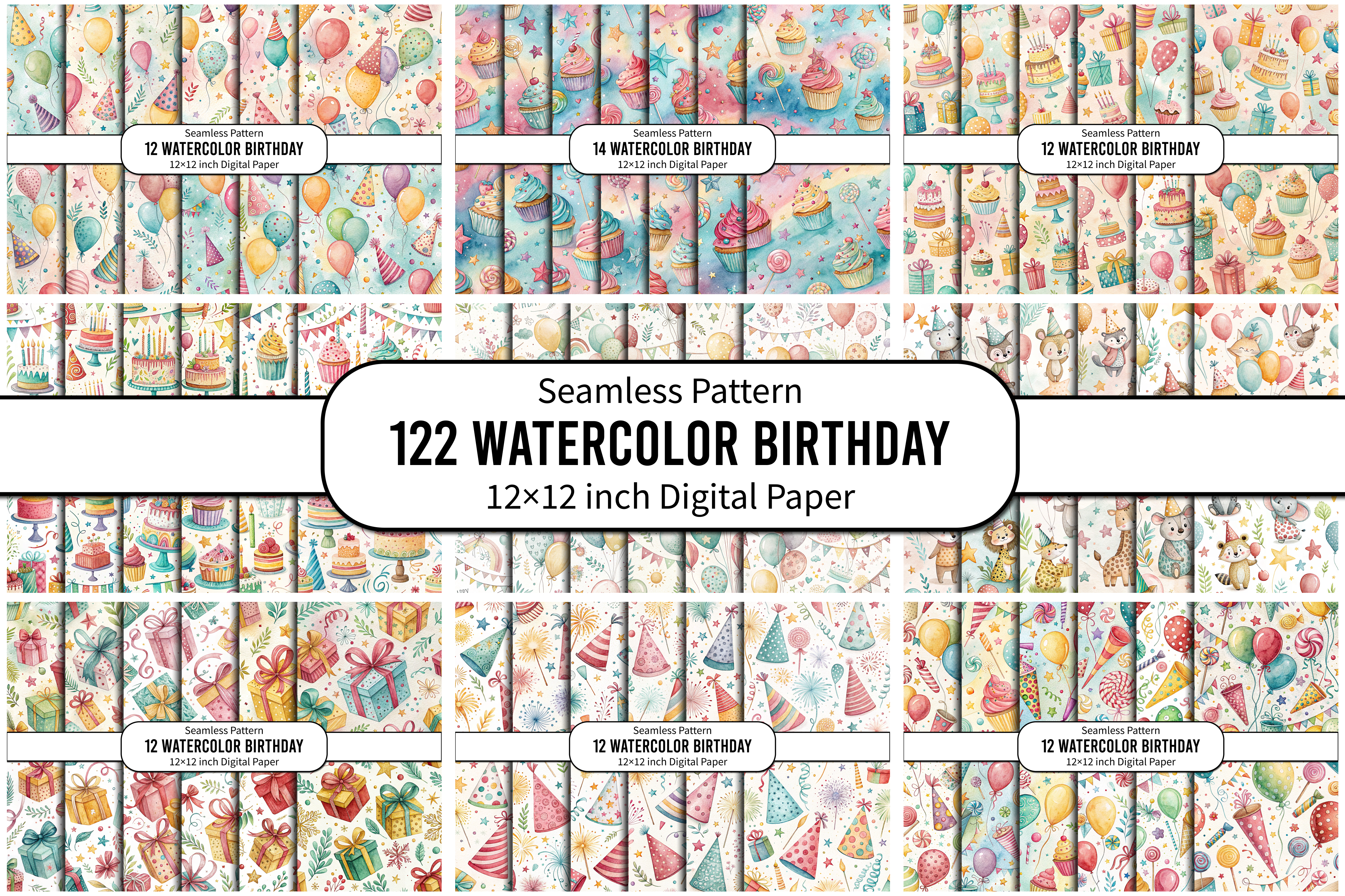 Watercolor Birthday Seamless Patterns