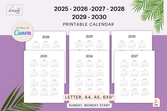 Canva Calendar 2025-2030 Printable