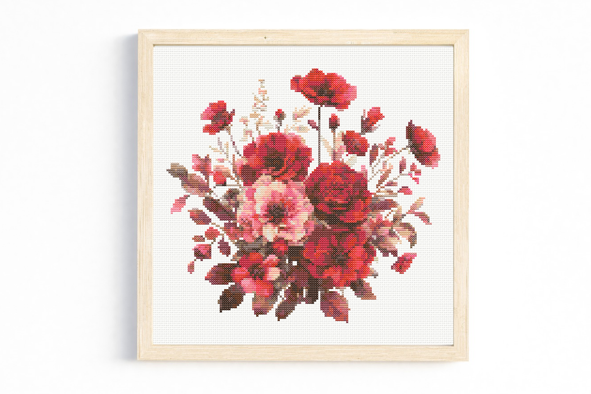 Red Floral Bouquet Cross Stitch Pattern