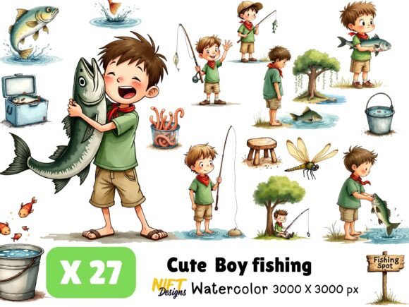 Boy Fishing Watercolor Clipart ฺBundle