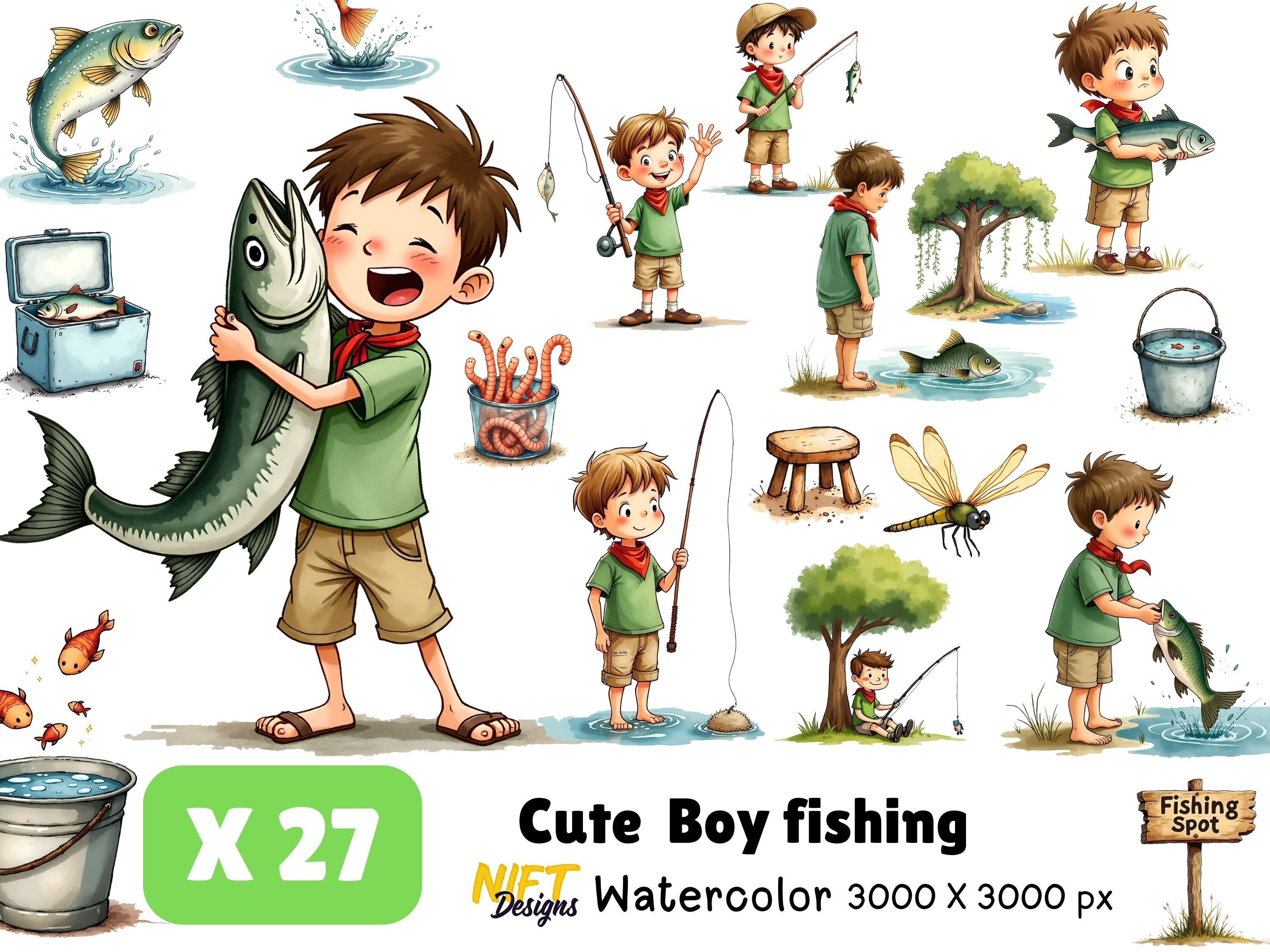Boy Fishing Watercolor Clipart ฺBundle