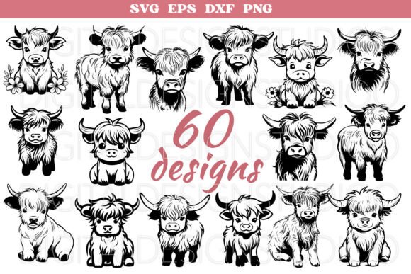 Highland Cow Svg Bundle, Cute Cow Png Graphic Illustrations By digitaldesignstudioo